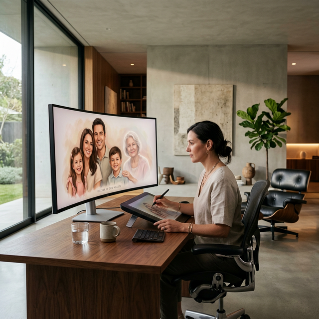 Our boutique digital studio artists working on a memorial portrait