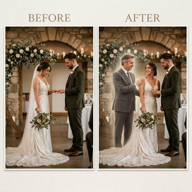 Before and after of adding someone you loved to a wedding photo