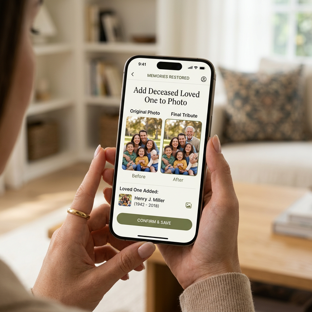 Add Deceased Loved One to Photo Mobile App UI Mockup